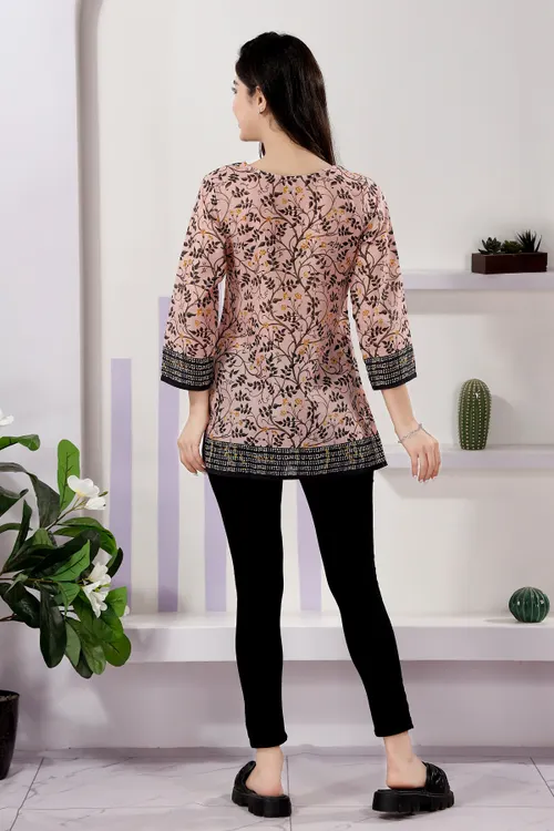 Elegant Peach Floral Print Cotton Short Kurti with Round Neck