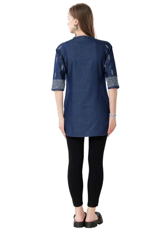 Denim Blue Tunic With Beautiful Print And Thread Work