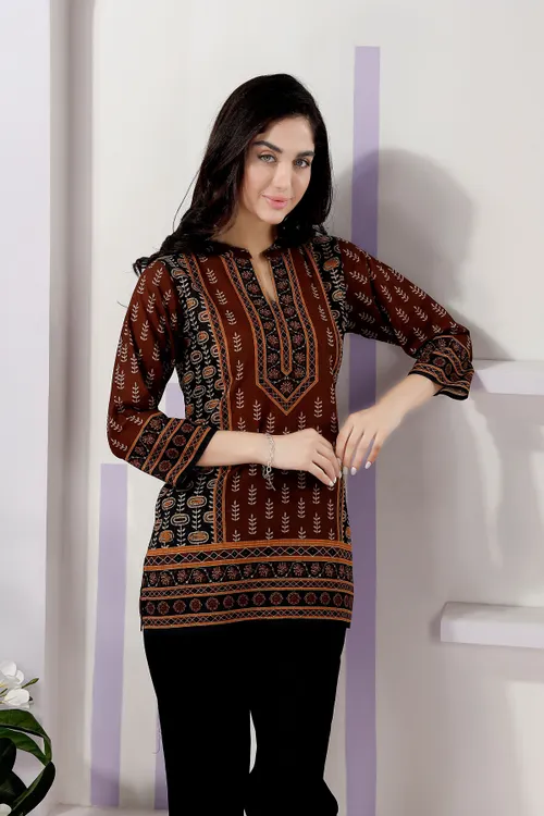 Brown Cotton Print Ban Collar Short Tunic Top