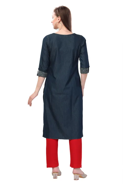 Denim Tunic with Color Wash Print and Thread Work