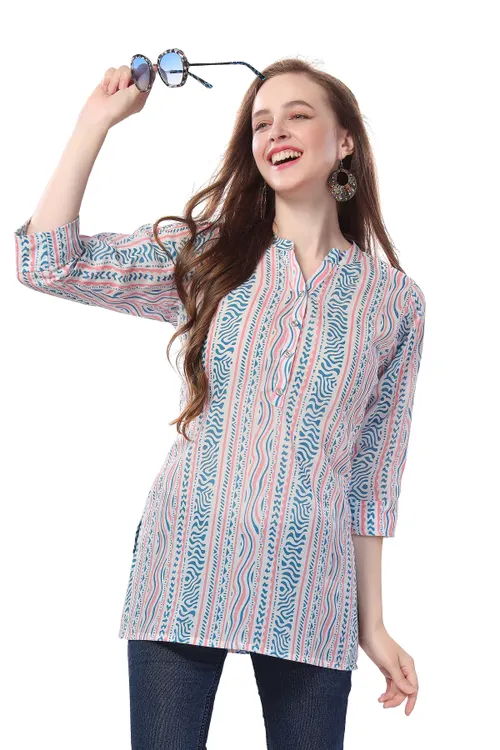 Abstract Allure Blue Geometric Print Mandarin Collar Tunic