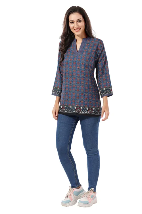 Blue Flex Cotton Designer Short Tunic Top