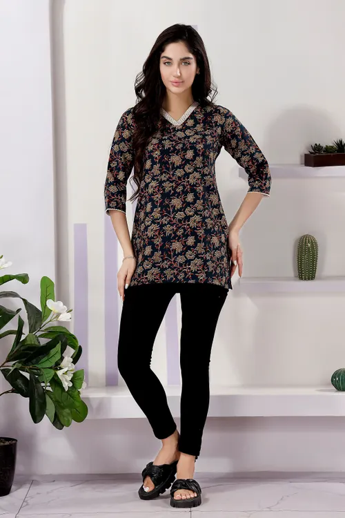 Navy Blue Short Kurti with V-Neck and Lace Features