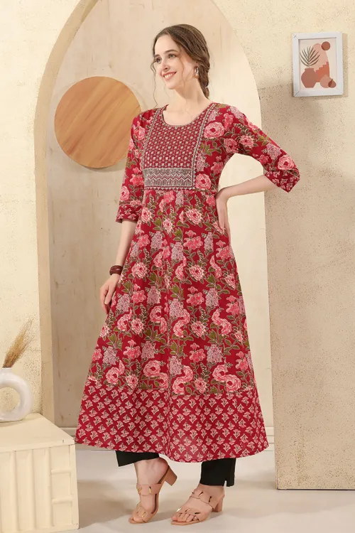 Maroon Jaipuri Cotton Print Anarkali For Women With Zari Embroidery