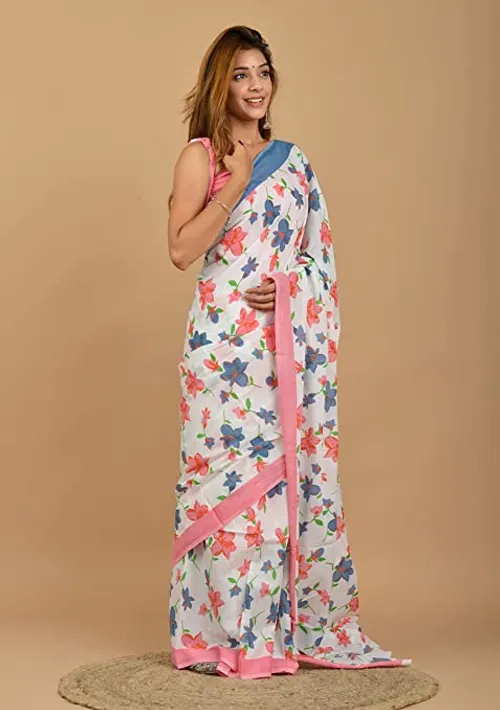 Elegant Jaipur Cotton Saree with Vibrant Floral Print and Pink Border