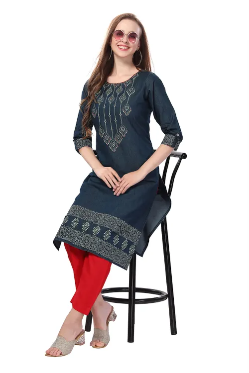 Denim Tunic with Color Wash Print and Thread Work