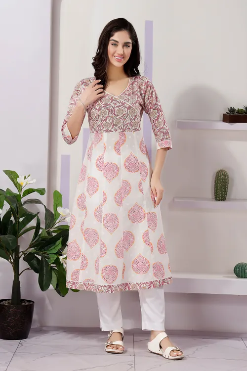 Trendy Pink White Color Cotton Anarkali Kurti with Mix N Match Prints