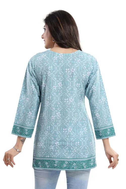 Alluring Faux Crepe Printed Short Kurti Tunic Top