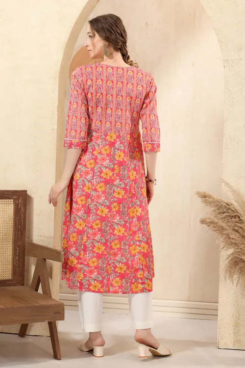 Tomato Jaipuri Cotton Print Anarkali For Women With Laces Embellishment