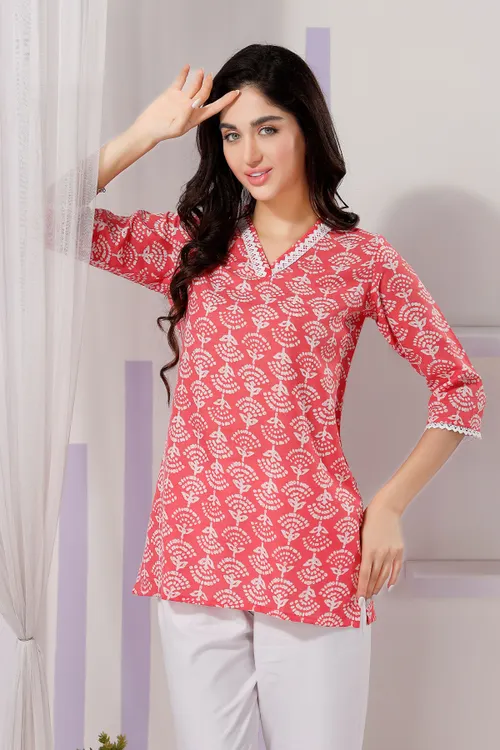 Vibrant Tomato Color V Neck Kurti with Delicate Lace Embellishments