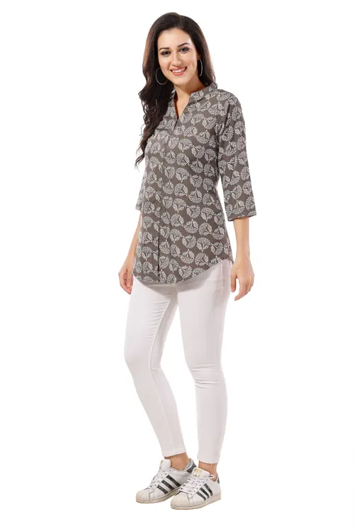 Graceful Grey Poly Crepe Short Tunic Top For Everyday Wear