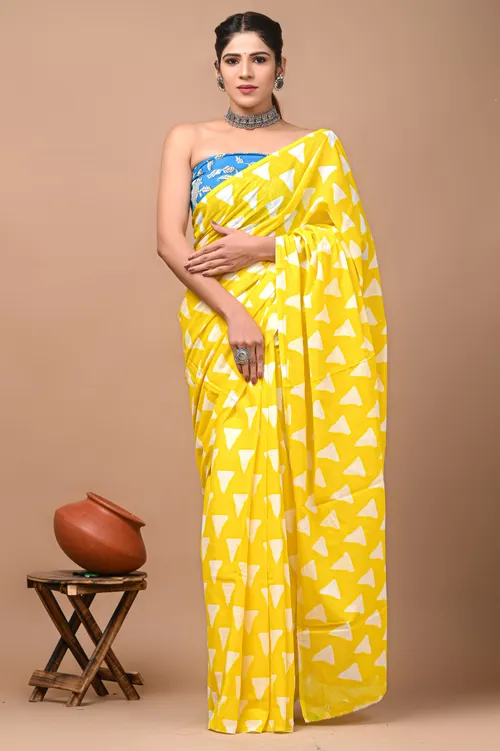 Vibrant Jaipur Yellow Cotton Saree with White Geometric Print 