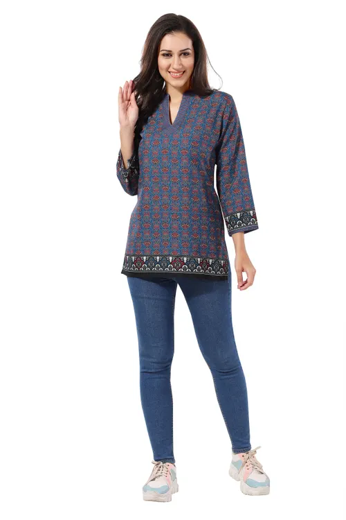 Blue Flex Cotton Designer Short Tunic Top