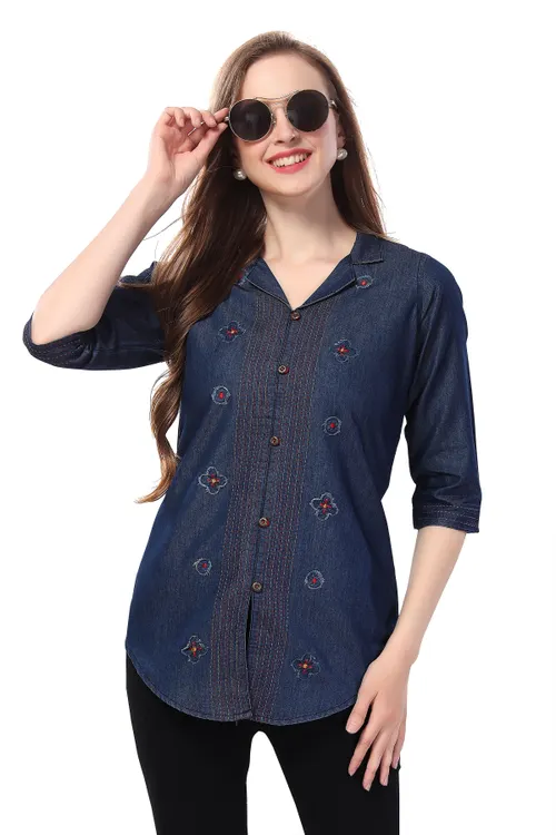 Denim Elegance Applique Embroidery and Cloud Wash on Coat Collar Tunic