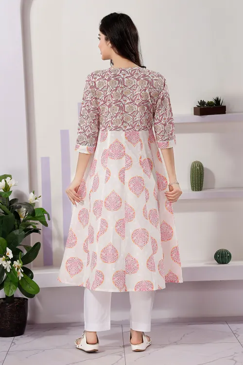 Trendy Pink White Color Cotton Anarkali Kurti with Mix N Match Prints