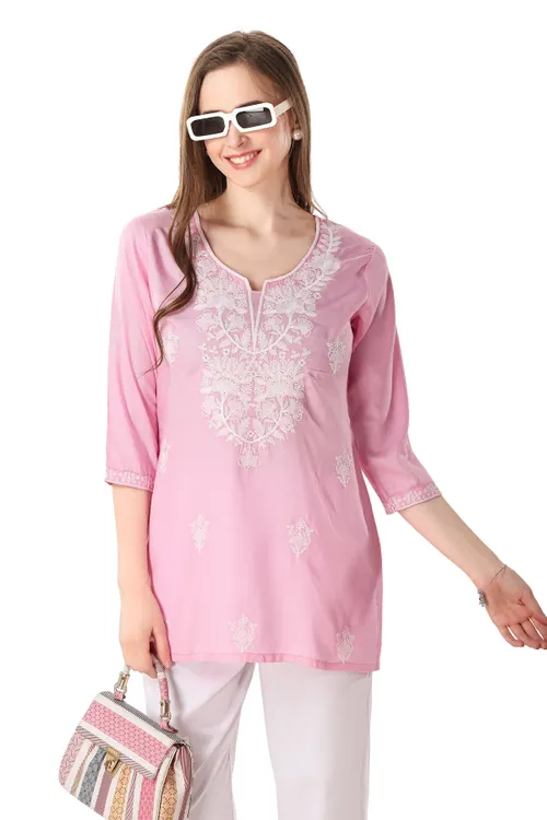 Pinky Pink Rayon Chikankari Kurti Tunic