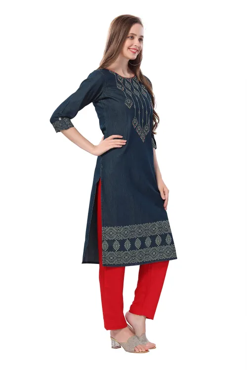 Denim Tunic with Color Wash Print and Thread Work