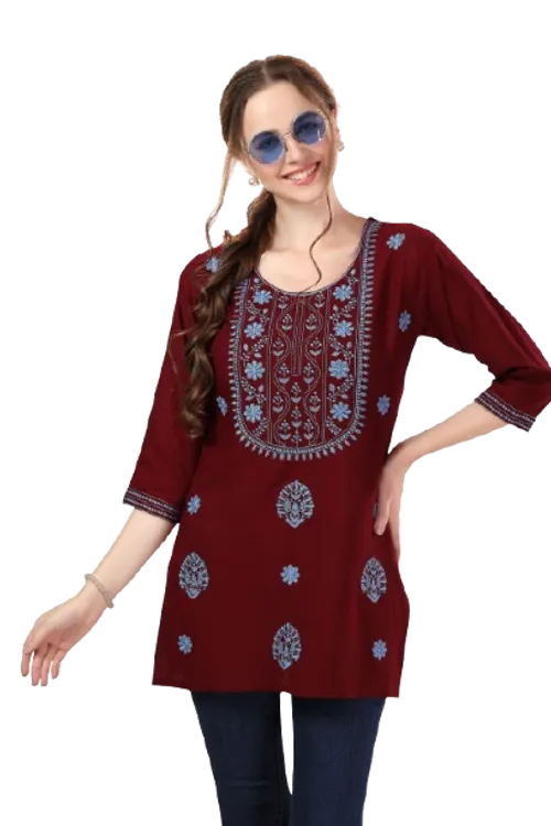 Maroon Trendy Rayon Chikankari Fashion Tunic For Women