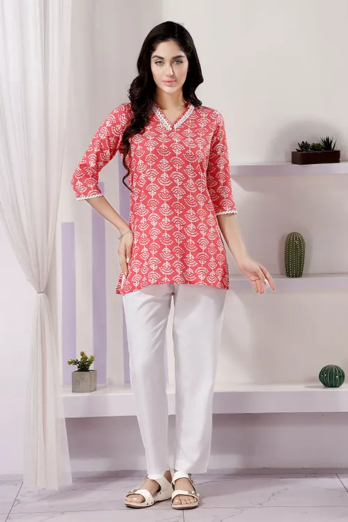 Vibrant Tomato Color V Neck Kurti with Delicate Lace Embellishments