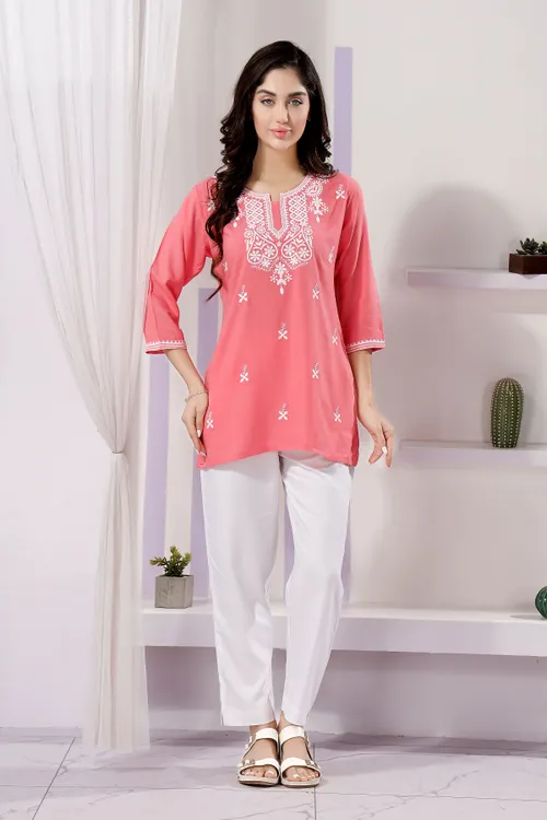 Trendy Short Kurti in Tomato Rayon Fabric with Chikankari Embroidery