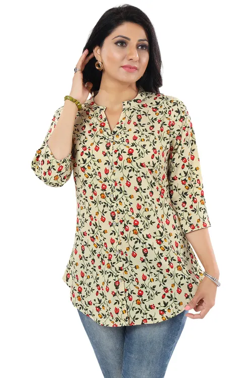 Beige Poly Crepe Short Tunic Top