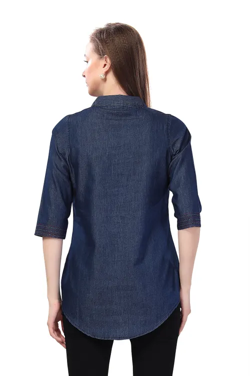 Denim Elegance Applique Embroidery and Cloud Wash on Coat Collar Tunic