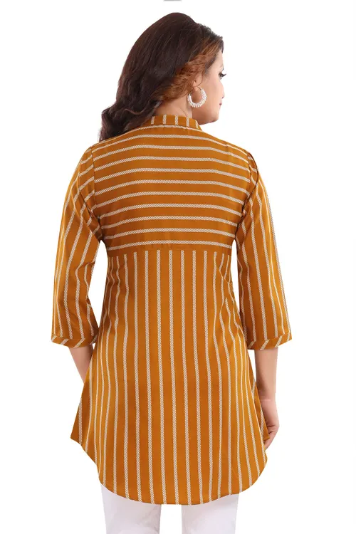 Chic Mustard Color Button Down Polyester Crepe Short Tunic Top For Women