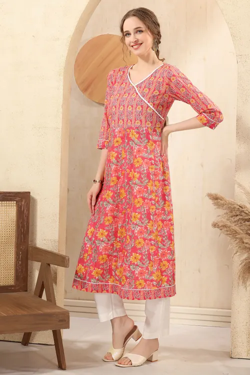 Tomato Jaipuri Cotton Print Anarkali For Women With Laces Embellishment
