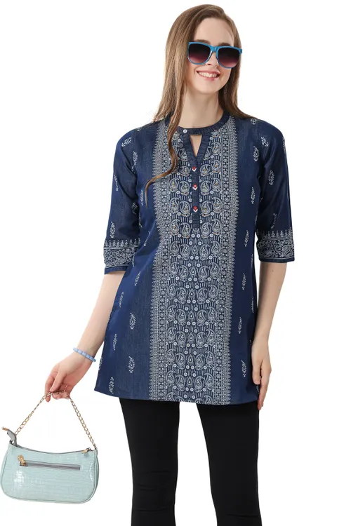 Denim Blue Tunic With Beautiful Print And Thread Work