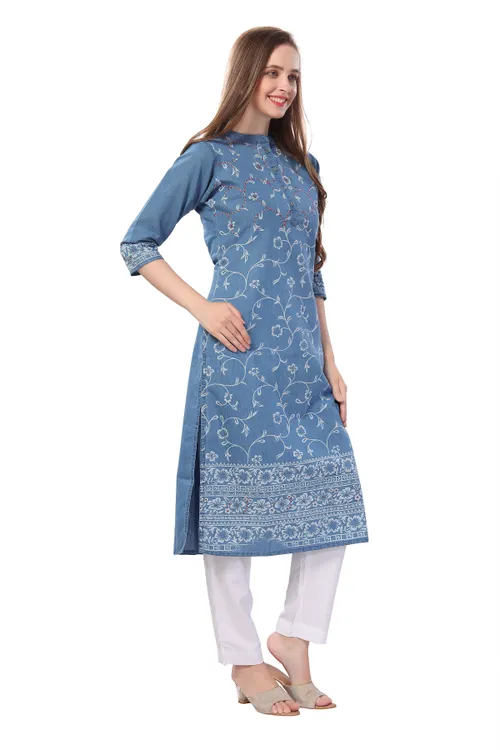 Pristine Floral Printed Denim Kurti With Thread Work