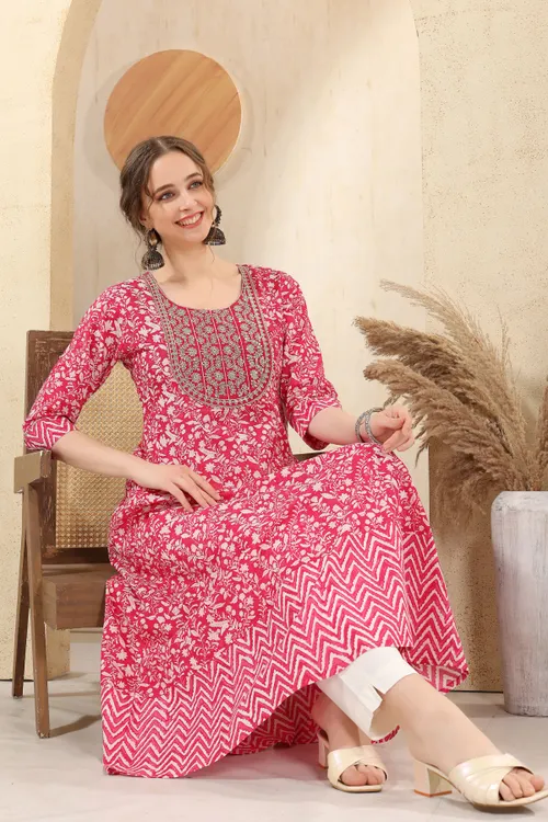 Pink Jaipuri Cotton Print Anarkali For Women With Zari Embroidery
