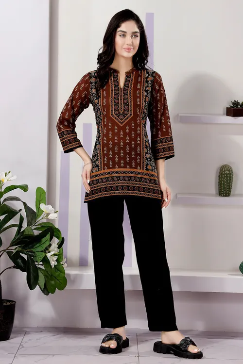 Brown Cotton Print Ban Collar Short Tunic Top