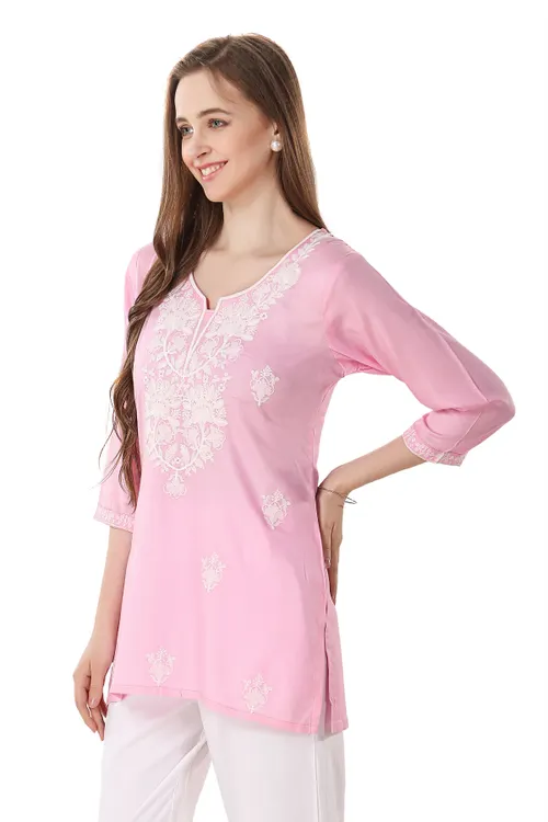 Pinky Pink Rayon Chikankari Kurti Tunic