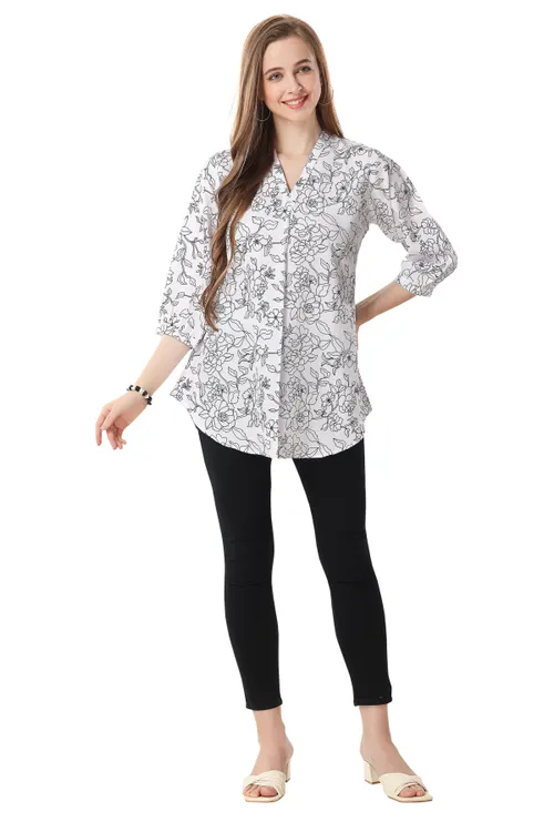 Modern Black and White Print Tunic in Soft Faux Crepe