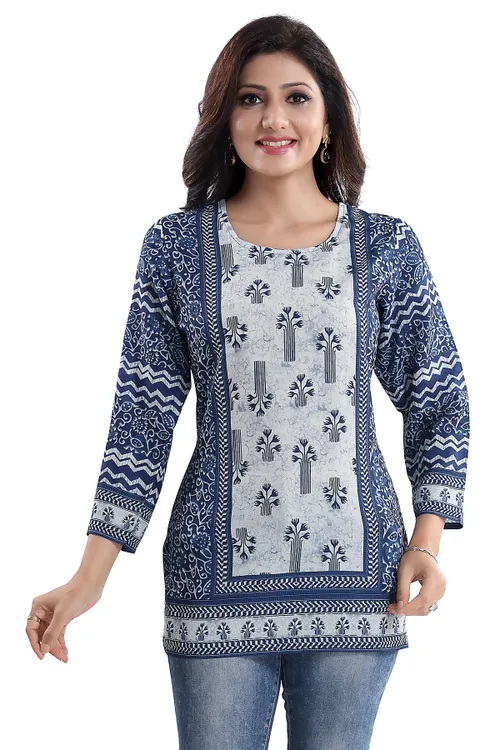 Stylista Indigo Blue Summer Cool Printed Short Kurti Tunic Top