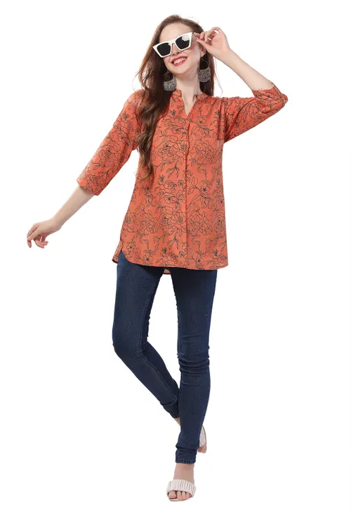 Fashionably Rustic Printed Short Tunic in Faux Crepe