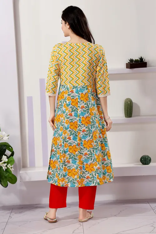 Fashionable Yellow Anarkali Kurti in Cotton with Mixed Print Patterns