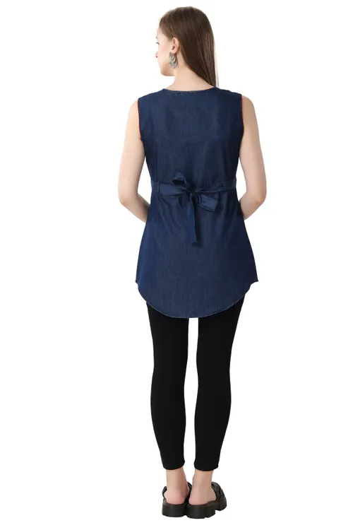 Stylish Blue Denim Sleeveless Tunic with Designer Yoke and Belt