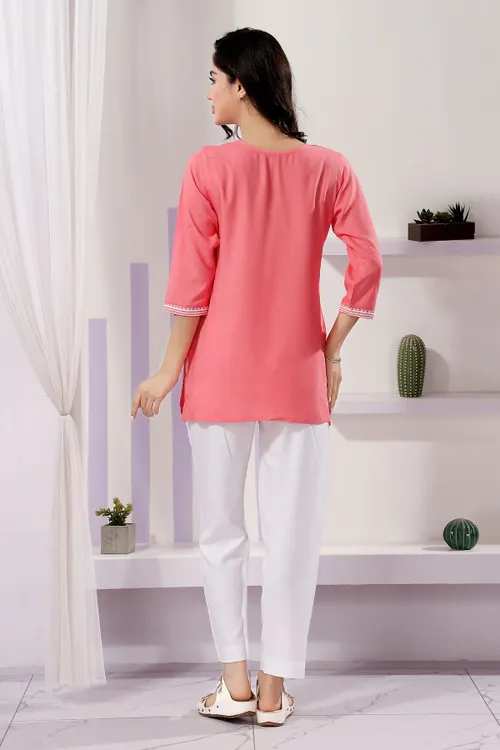 Peach Rayon Chikankari Kurti Tunic