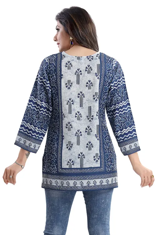 Stylista Indigo Blue Summer Cool Printed Short Kurti Tunic Top