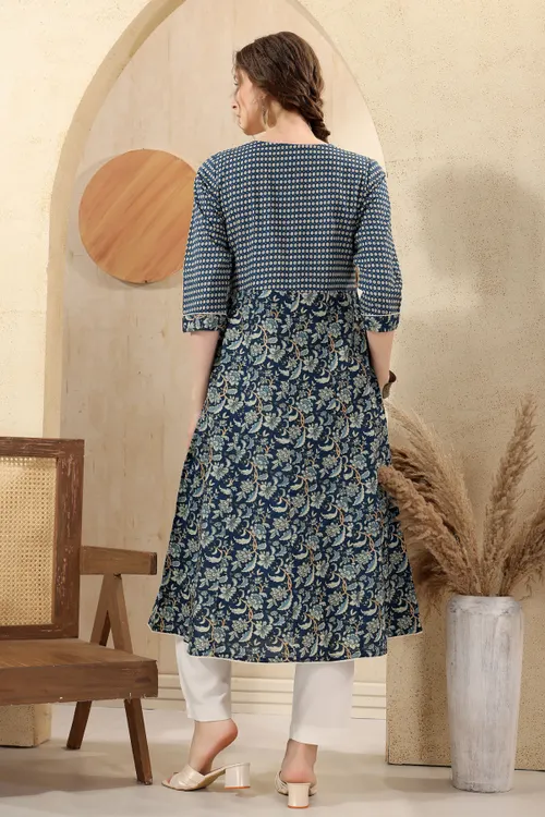 Blue Jaipuri Cotton Print Anarkali For Women With Laces Embellishment