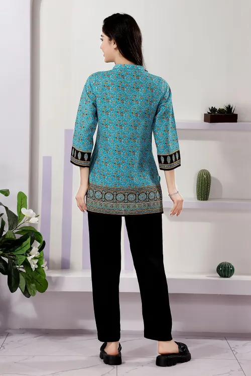 Turquoise Jaipuri Cotton Print Mandarin Collar Short Tunic Top