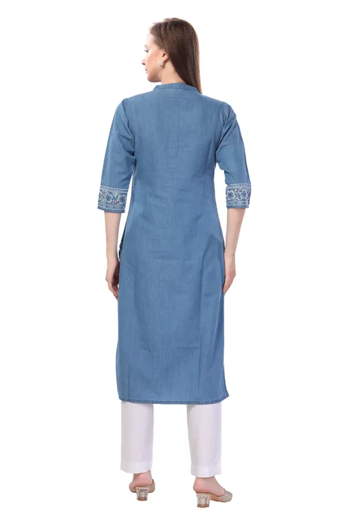 Pristine Floral Printed Denim Kurti With Thread Work