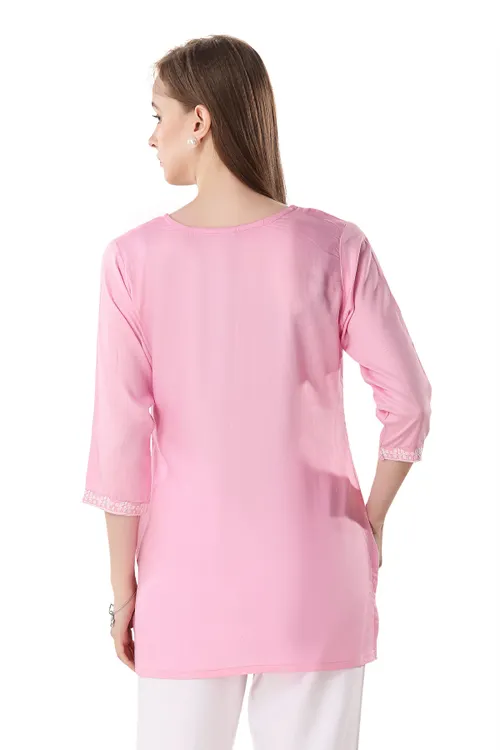 Pinky Pink Rayon Chikankari Kurti Tunic