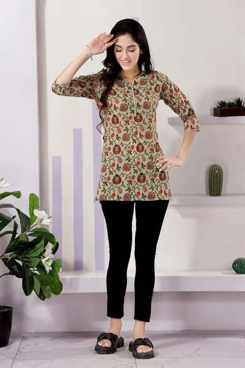Elegant Pista Flex Cotton V Neck Kurti with Intricate Thread Work