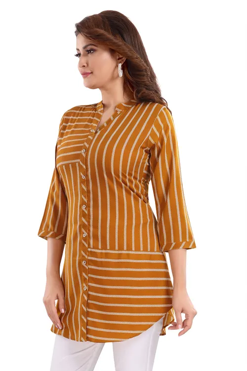 Chic Mustard Color Button Down Polyester Crepe Short Tunic Top For Women