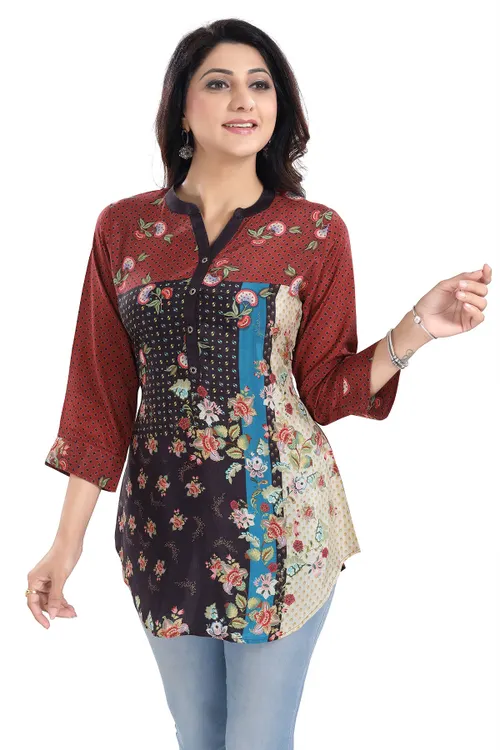 Designer Faux Crepe Printed Short Kurti Tunic Top