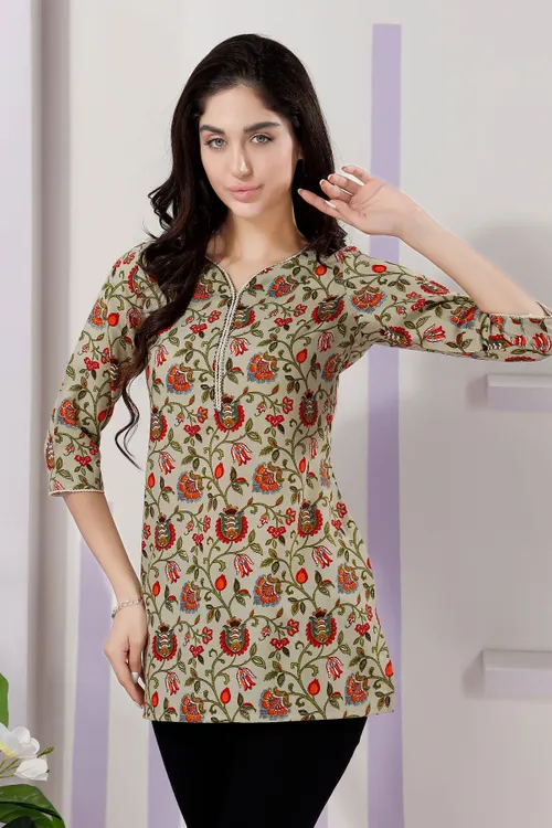 Elegant Pista Flex Cotton V Neck Kurti with Intricate Thread Work