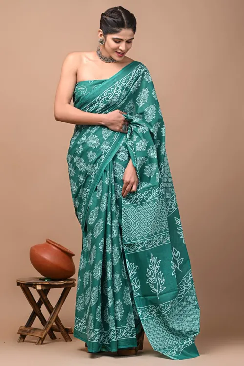 "Bloomkart" Green & White Jaipuri Handloom Cotton Saree | Daily Wear Block Print Saree with Blouse
