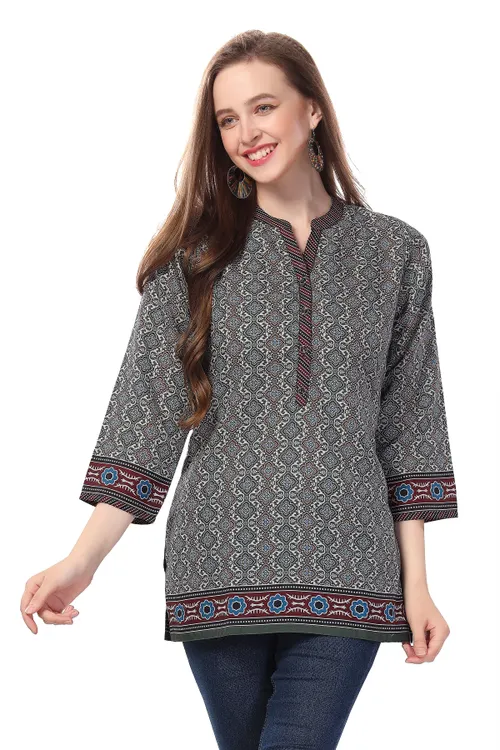 Green Flex Cotton Designer Tunic Top